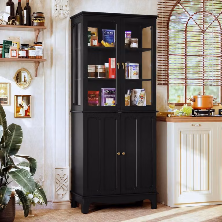 Mobiletto da cucina con porta in vetro, vetrina, 4 ripiani in vetro, ripiani regolabili, colore nero