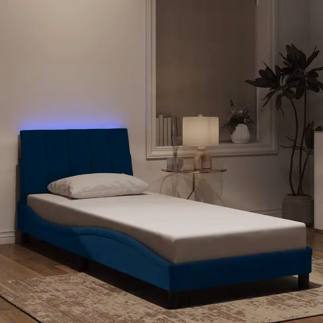 Letto Hanko vidaXL in velluto blu con illuminazione LED e porta di ricarica USB, L 90 cm x P 200 cm – 1