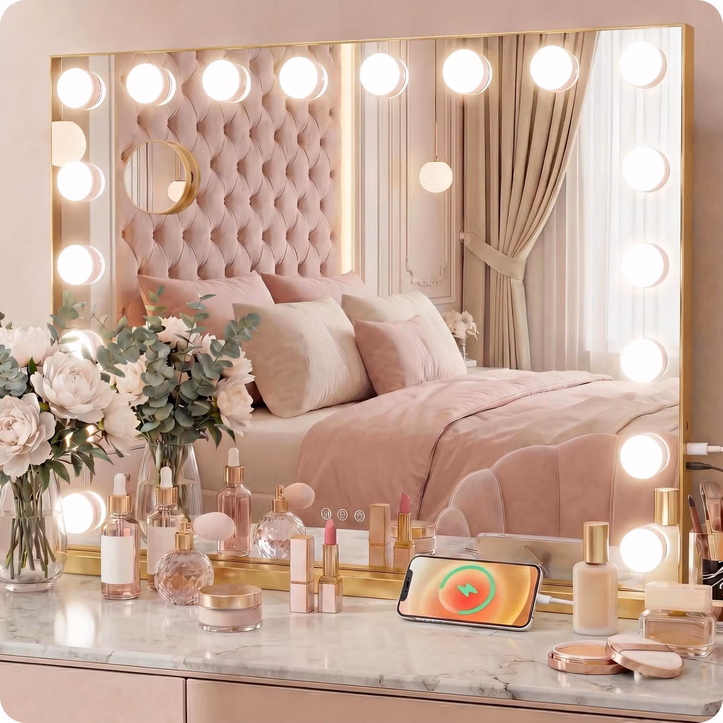 Specchio da trucco Hollywood dorato con 15 LED e 3 temperature di colore, 58x48cm, ingrandimento 10X, Bluetooth, da tavolo