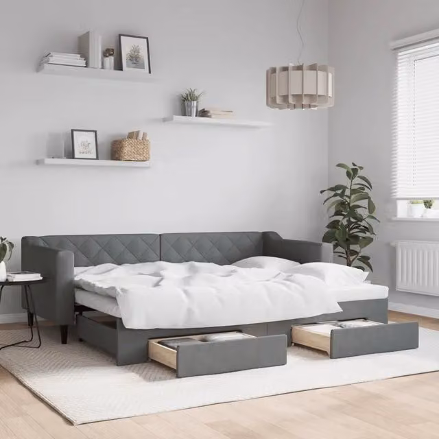 Divano Letto Estraibile con Cassetti vidaXL in Tessuto Grigio per Soggiorno e Camera da Letto L/P: 80 x 200 cm – 1