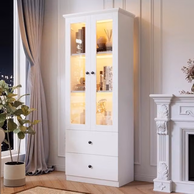 Vetrina LED con Ante ¨C MINIMAL ¨C Bianca, MDF, Ripiani Regolabili, 2 Cassetti, USB