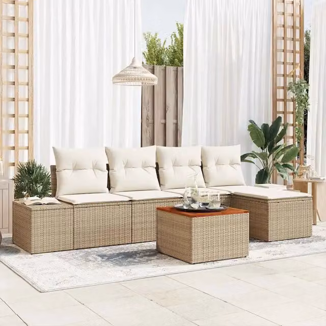 Set Divano da Giardino 6 pz vidaXL Beige con Poltroncina, Tavolino e Cuscini in Polyrattan e Acciaio