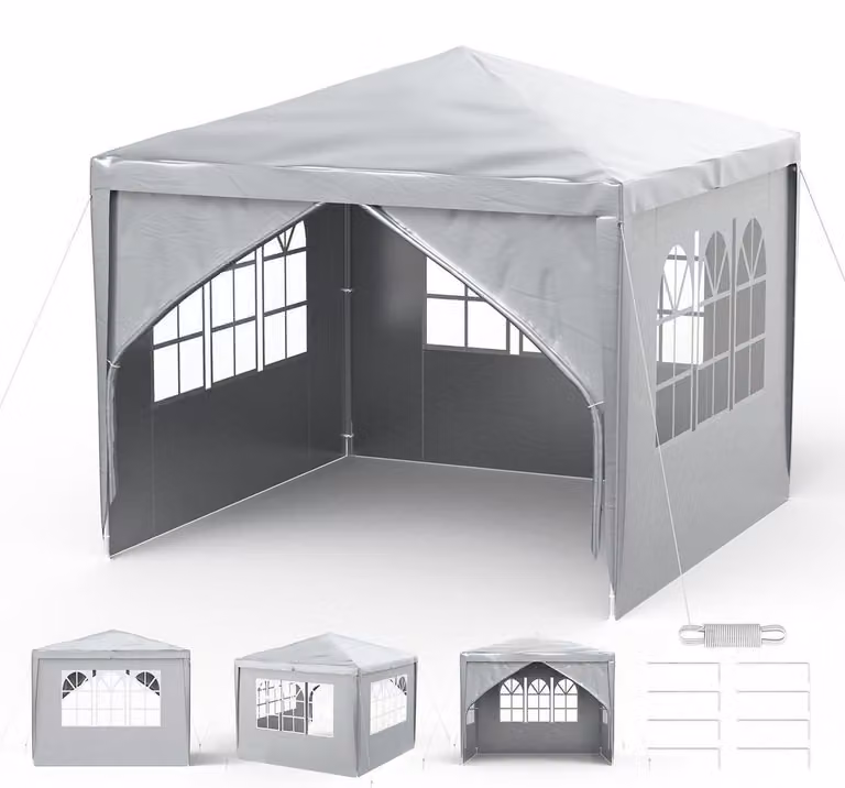 Gazebo pieghevole impermeabile, grigio, 3x3 metri, con 4 pareti laterali, ideale per il giardino. Realizzato in polietilene