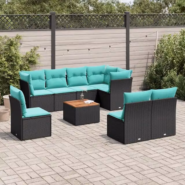 Set Divani da Giardino 9 pz con Cuscini Nero in Polyrattan 3256015