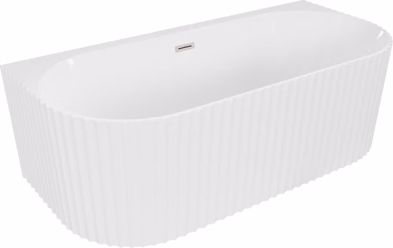 Mexen Sella vasca da bagno freestanding accostata a parete rigata 150 x 75 cm, bianca lucida, troppopieno in nichel spazzolato