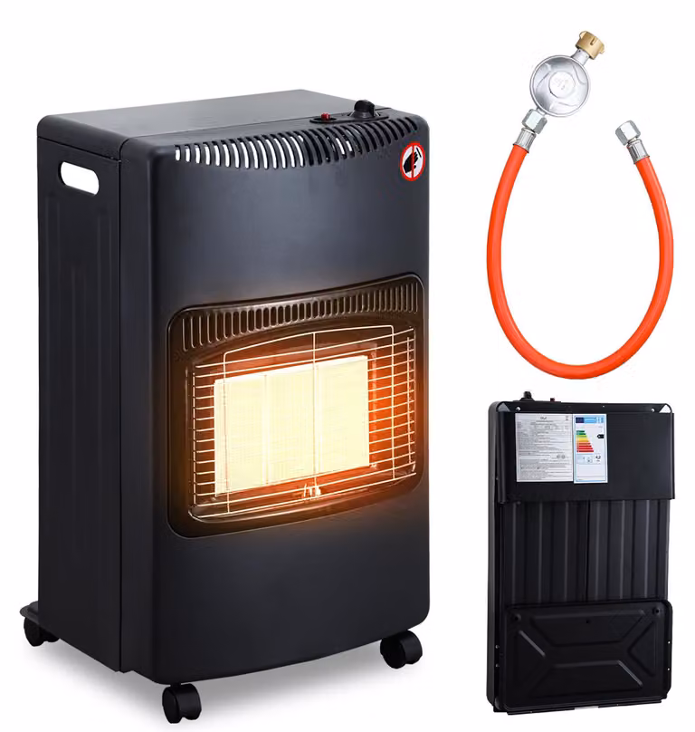 Fornello a gas Ikodm in ceramica, 4200 Watt, con 3 livelli di potenza, sistema di sicurezza contro la mancanza di ossigeno, tubo del gas e regolatore, 4 ruote, inclusi 2 adattatori EU