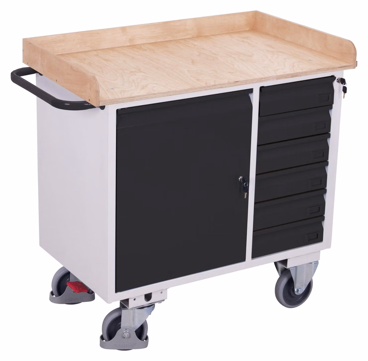 Carrello da officina VARIOfit con maniglia a scorrimento, armadietto, 6 cassetti e piano di carico con bordo, dimensioni 1000x600 mm, colore grigio antracite RAL 7016