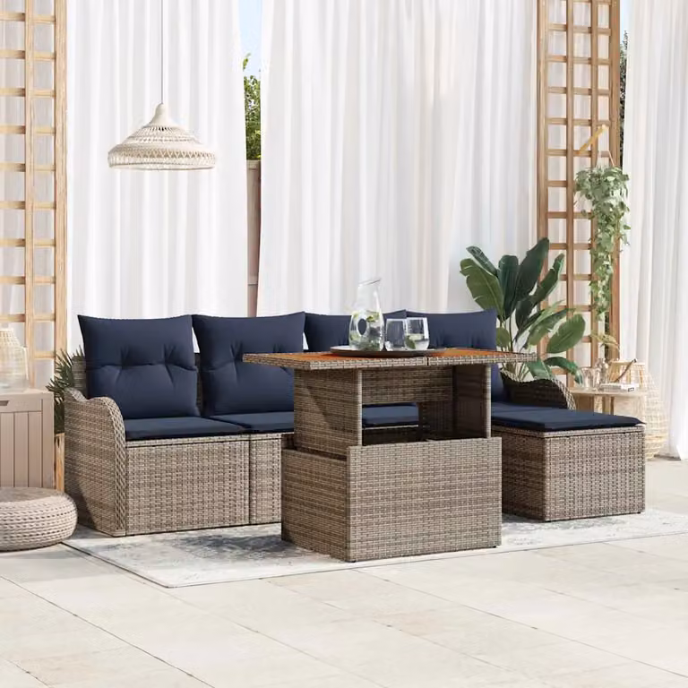 Set Divano da Giardino vidaXL 6 Pezzi Moderno a Forma di L in Polyrattan con Cuscini Grigio e Blu Navy
