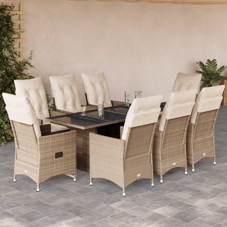 Set da pranzo da giardino vidaXL in polyrattan con cuscini beige e piano in vetro, 9 pezzi
