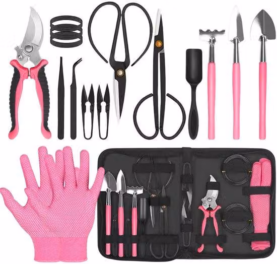 Set di 14 utensili per giardinaggio e bonsai Unyqoos® – Set completo con forbici, mini-pale, rastrelli, filo di alluminio per bonsai, acciaio ad alto contenuto di carbonio e resistente alla ruggine, e custodia per il trasporto