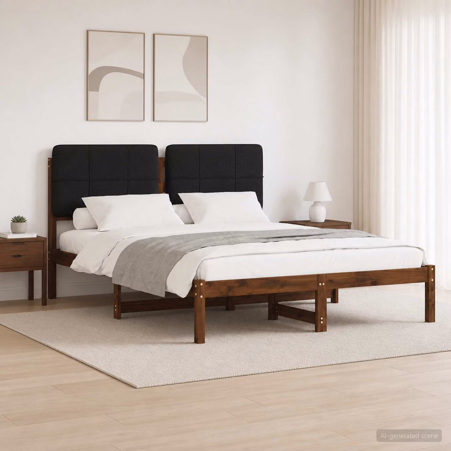 Letto moderno vidaXL con testiera rivestita in tessuto e struttura in legno di acacia, Marrone scuro e Nero, L: 160 cm x P: 200 cm, H: 106 cm