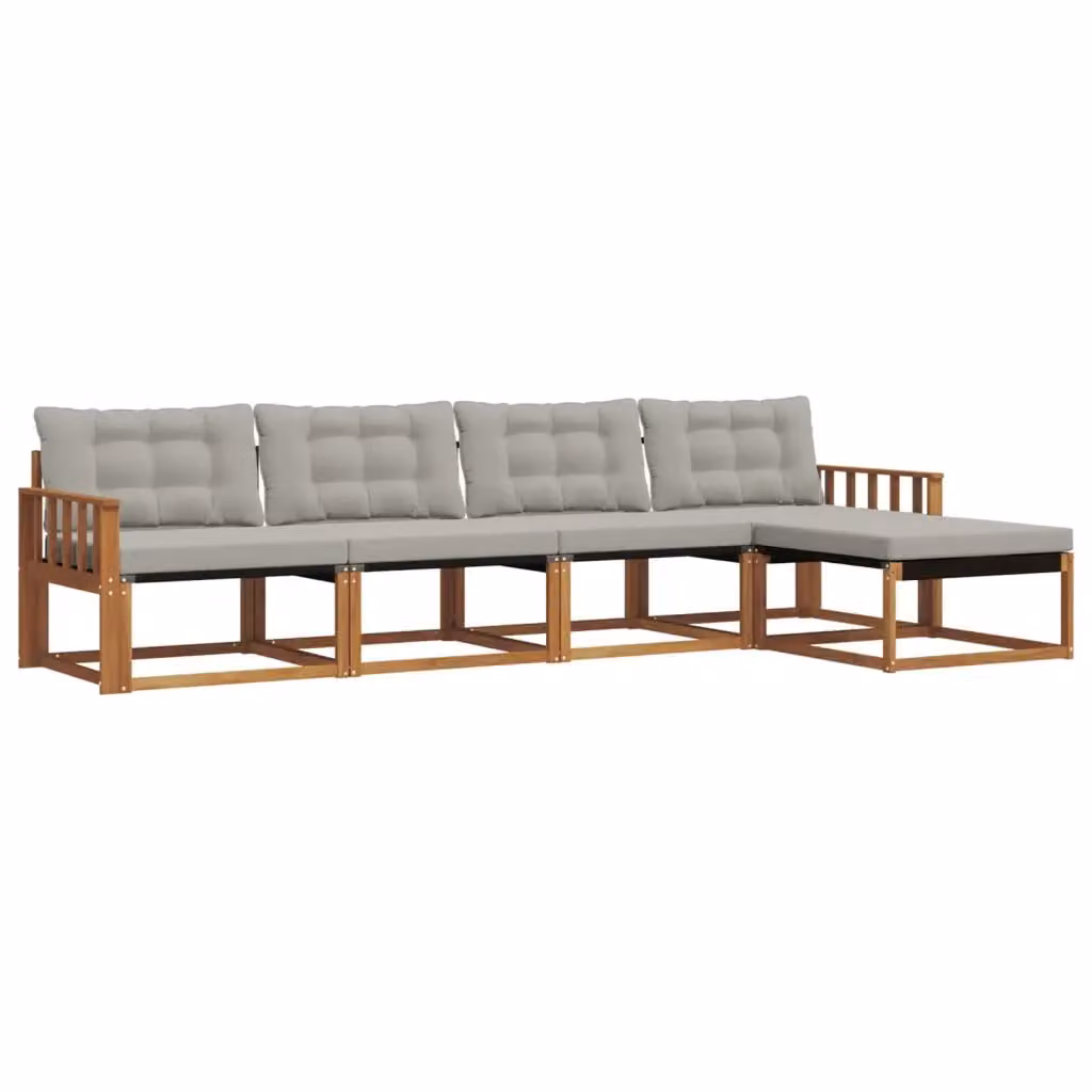 Set di divani da esterno a forma di L vidaXL in legno di acacia con pouf e cuscini, beige e grigio – 2