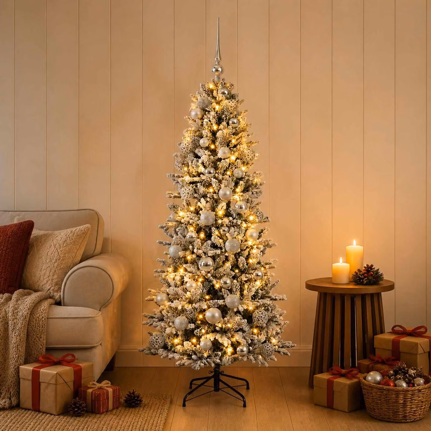 Albero di Natale artificiale con decorazioni natalizie, altezza 150 cm, 150 luci LED
