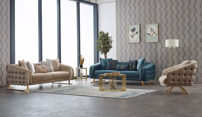 Sofagarnitur Dreisitzer Sessel Couch Stoff 3tlg Polstersofa Beige Set