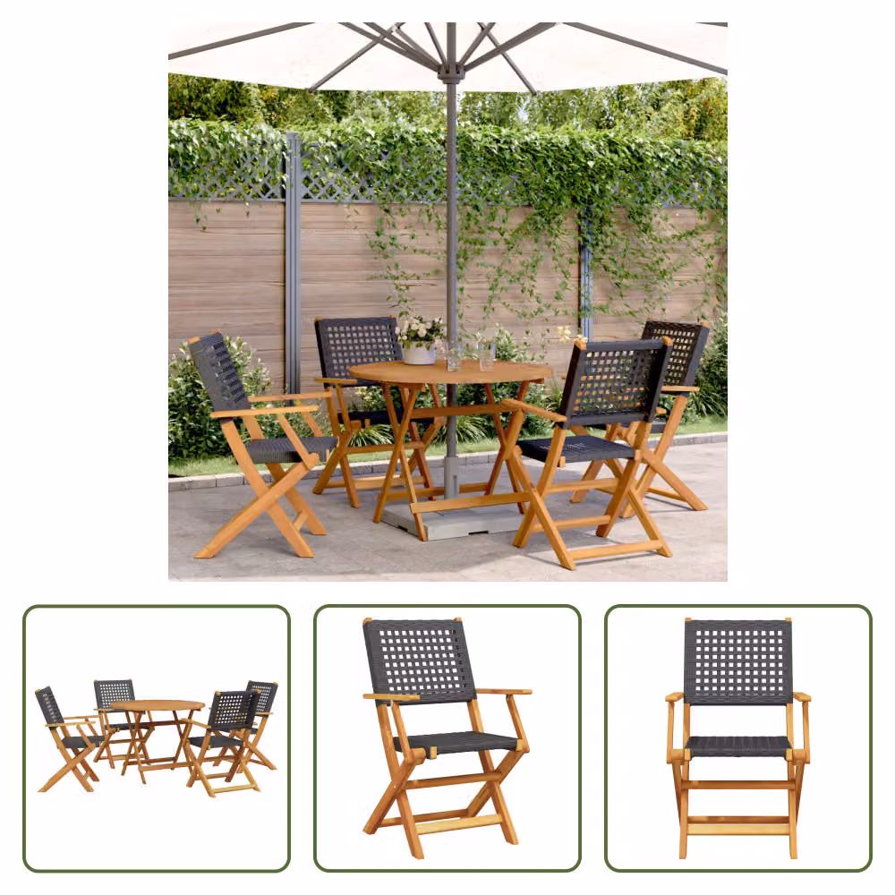 The Living Store Set da pranzo da giardino 5 pezzi in rattan sintetico nero e legno massello