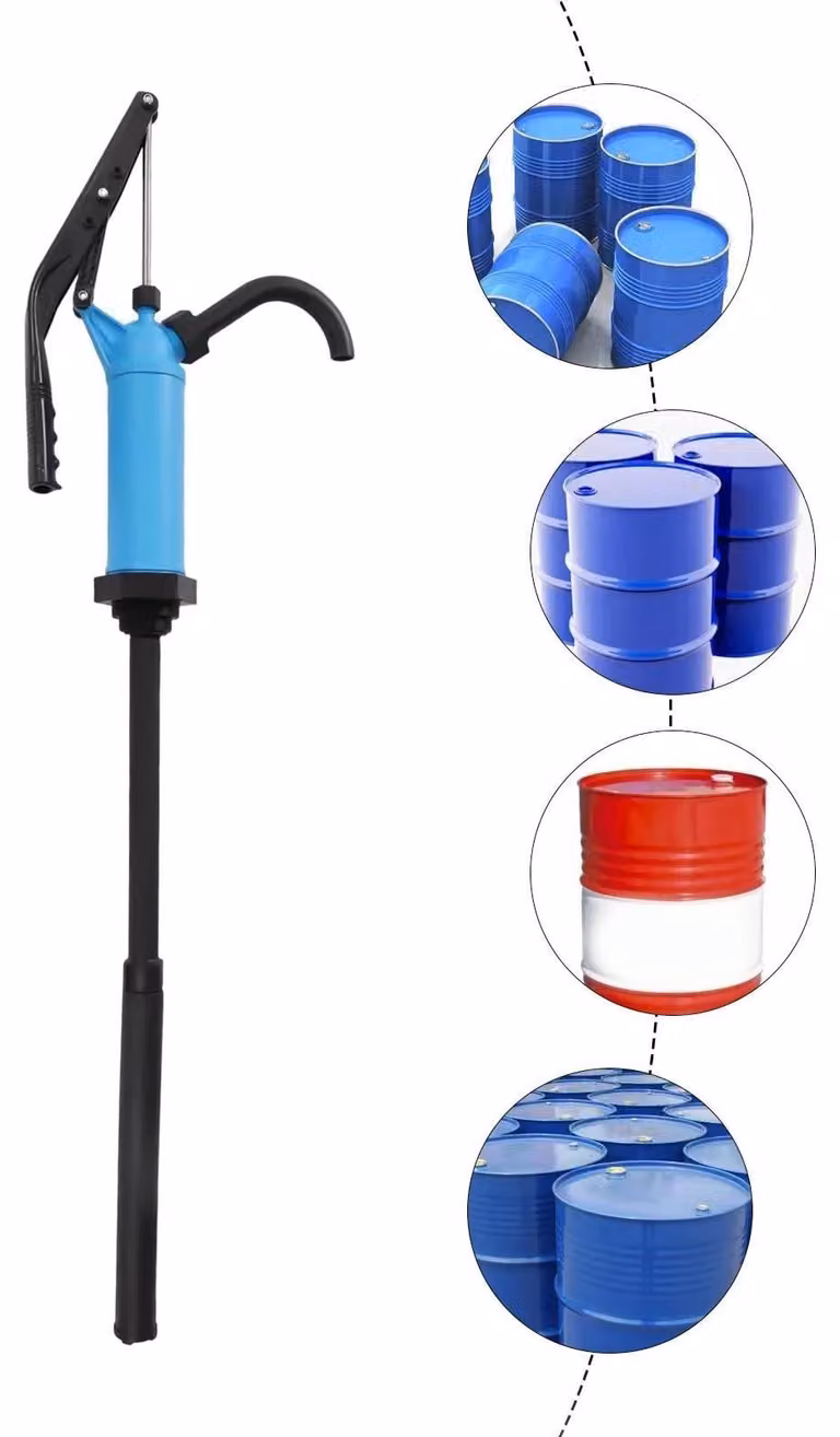Pompa manuale per fusti - Pompa manuale in plastica - Adatta per fusti da 20–210 litri - Portata: 16–18 litri/minuto - Adatta per benzina e acqua