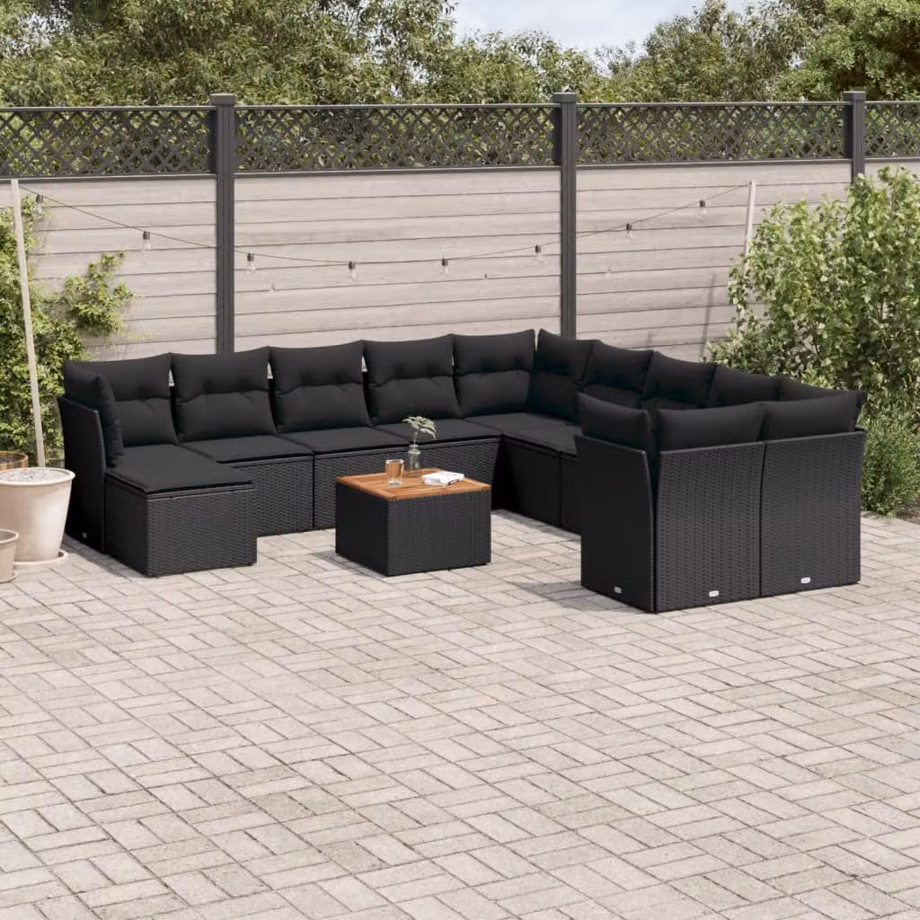 Set di divani da giardino vidaXL a forma di U composto da 12 pezzi in polyrattan nero con cuscini e tavolino da esterno – 1