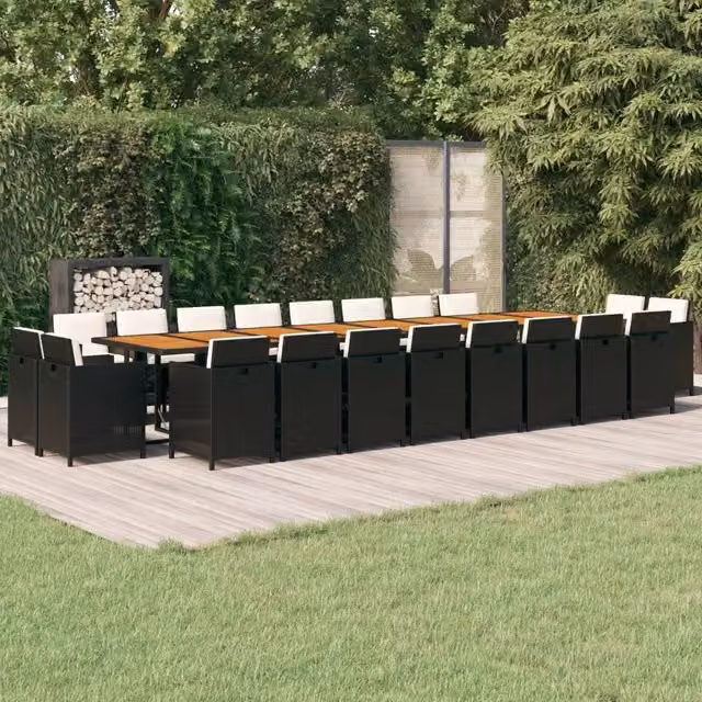 Set da pranzo da giardino vidaXL in polyrattan e legno di acacia con cuscini, 21 pezzi, nero e bianco