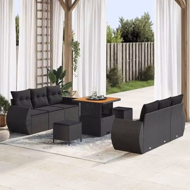 Set Divano da Giardino 9 pz 6-Numero di posti Nero polyrattan 3363774
