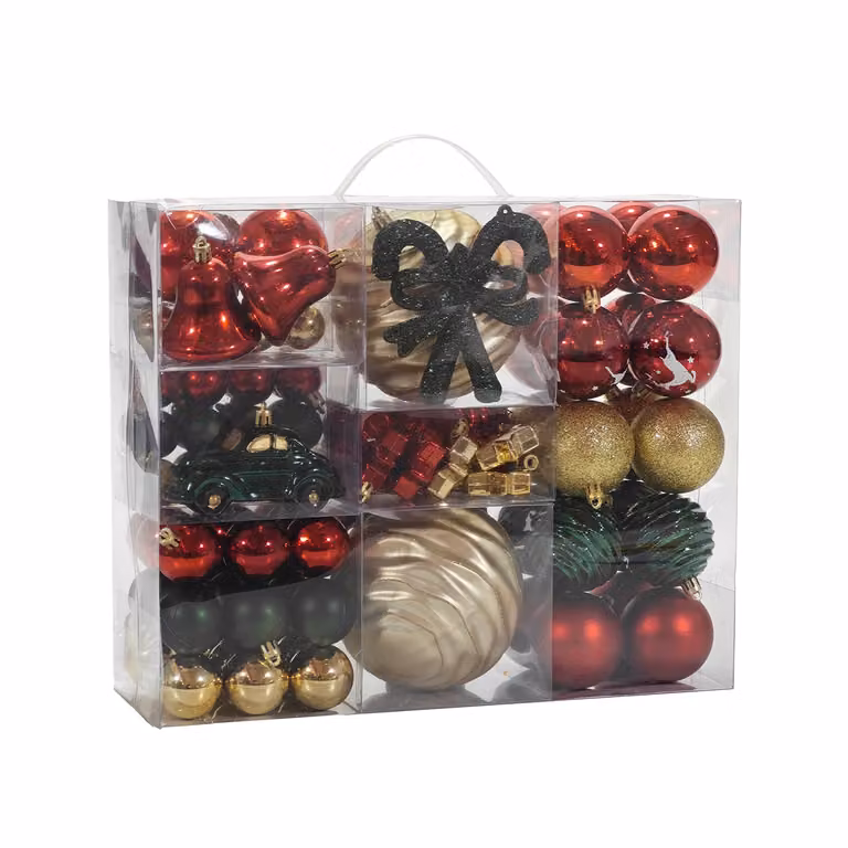 VESTIAMO CASA Set di 100 Decorazioni Natalizie in Plastica con Stelle, Campanelle e Pendenti nei Colori Rosso, Verde e Oro