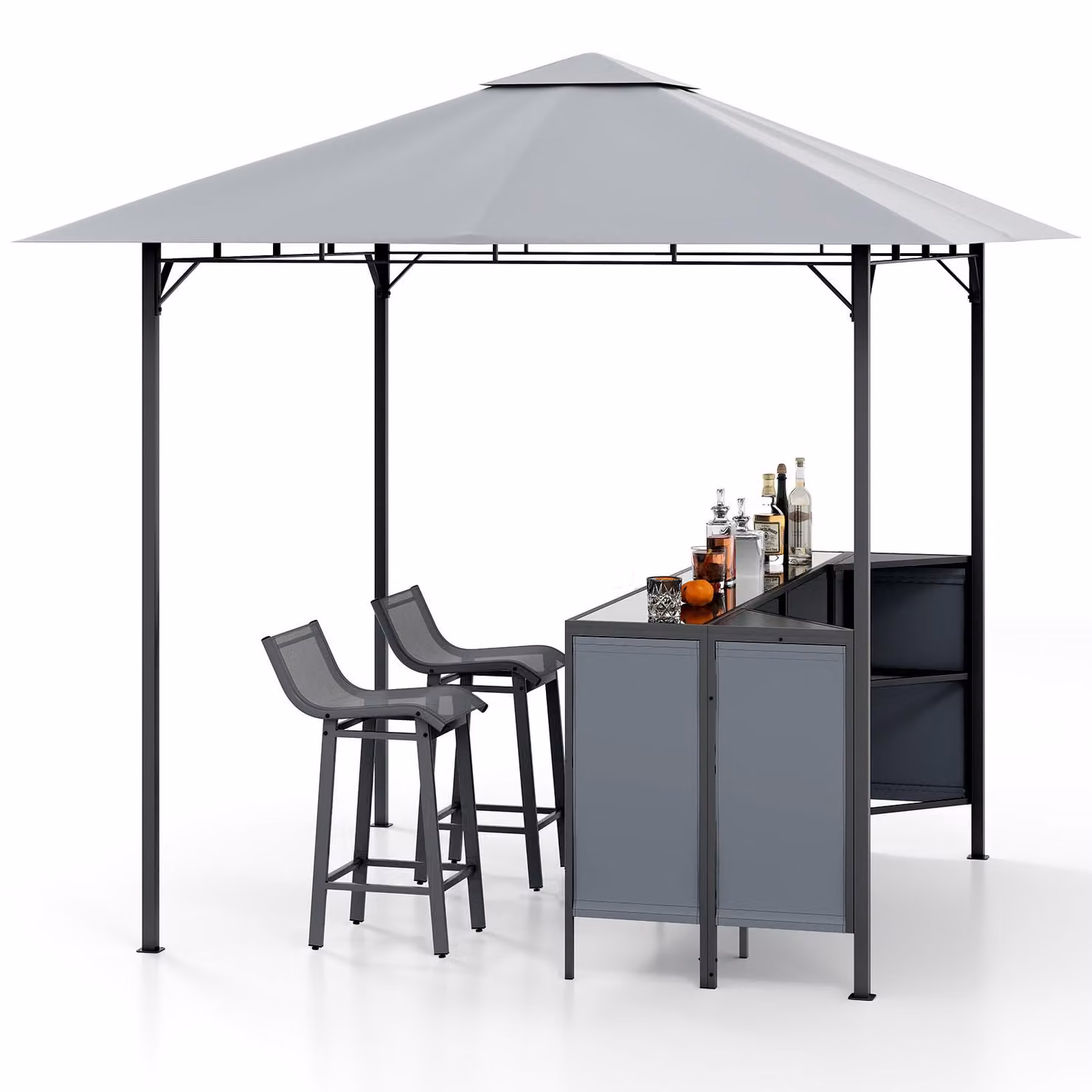 COSTWAY gazebo per barbecue da giardino con doppio tetto, set bar da 3 pezzi, servizi e portabicchieri, tettoie per barbecue resistenti alle intemperie, 245x245x243cm grigio