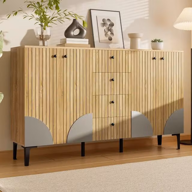 Armadio Zephmum in legno marrone con 4 ante e 4 cassetti, design minimalista, L: 160 cm, P: 36 cm, H: 94 cm