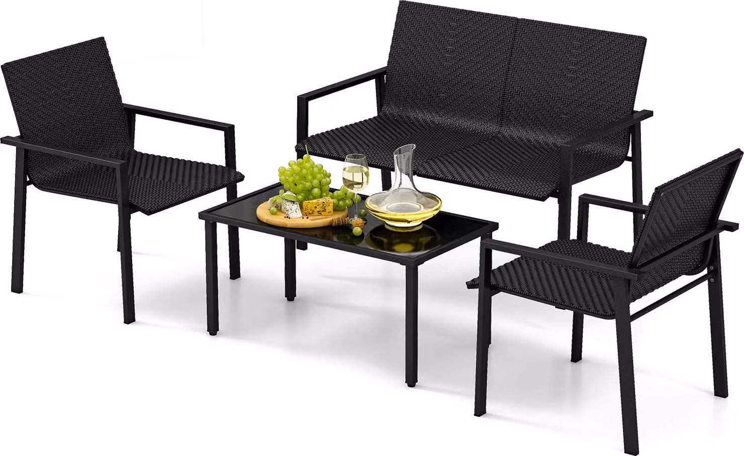set di 4 mobili da giardino in vimini con robusta struttura in metallo zincato, gruppo di sedute per esterni con tavolino in vetro temperato, nero