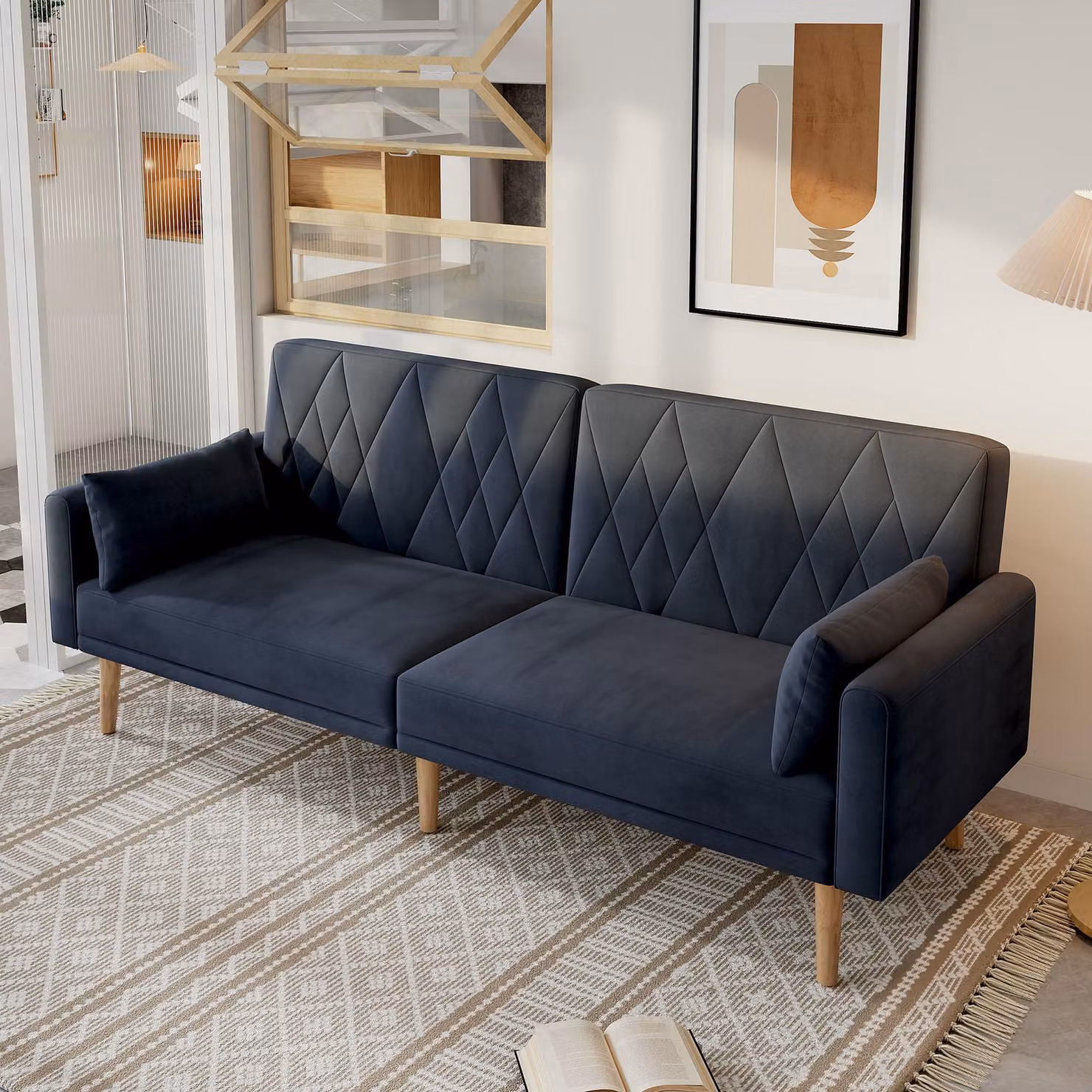 okwish Divano a due posti con chaise longue, divano relax con funzione letto in tessuto vellutato, divano moderno con comodi braccioli, per soggiorno e camera da letto, nero