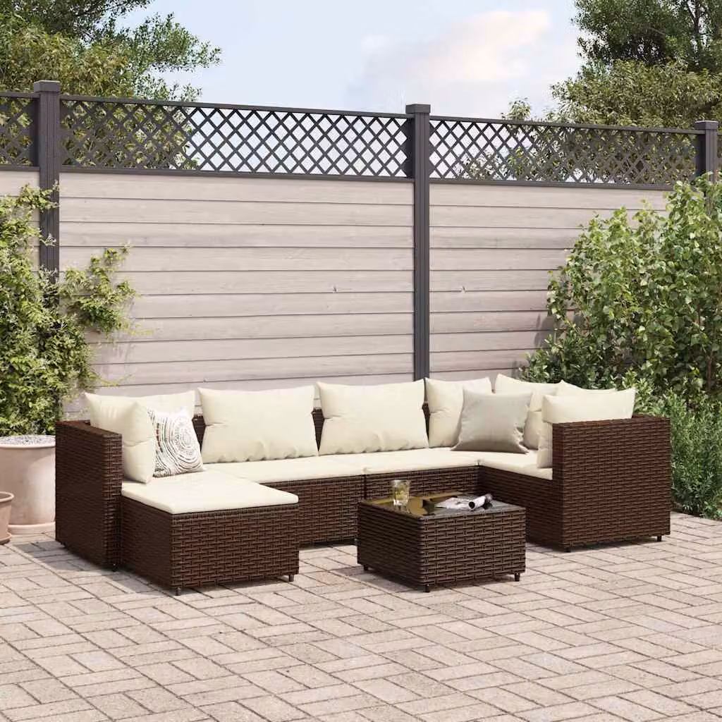 Set di Divani da Giardino vidaXL 7 pz con Cuscini e Tavolino in Polyrattan Marrone e Bianco – 1