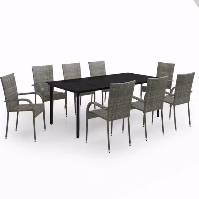 Set da pranzo da giardino Outsunny in polyrattan con tavolo in vetro, 9 pezzi, grigio e nero