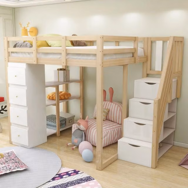 Letto a soppalco con cassetti ¨C Minimal ¨C 140x200 cm legno massello pino colore legno