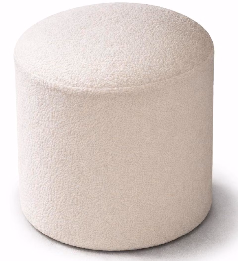 Pouf rotondo color beige, morbido e confortevole, ideale per l'arredamento della camera da letto, prodotto di alta qualità