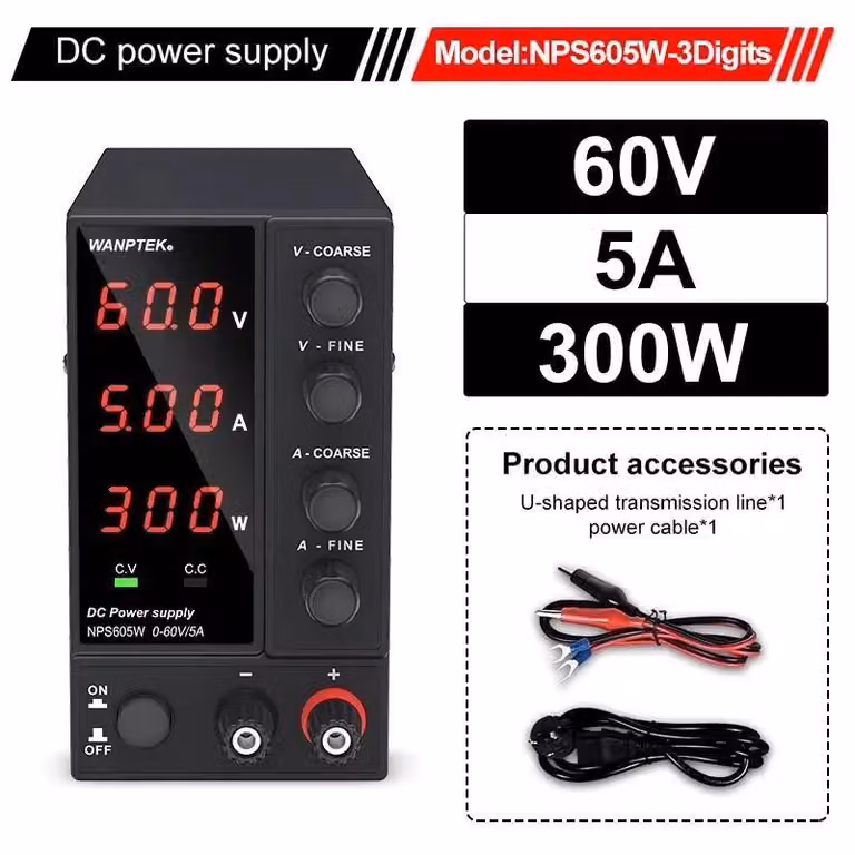 Alimentatore da laboratorio - Alimentatore DC - 60V 5A regolabile - Display LED a 3 cifre - Uscita singola - Spina EU da 220V - 3 cifre, 60V, 5A