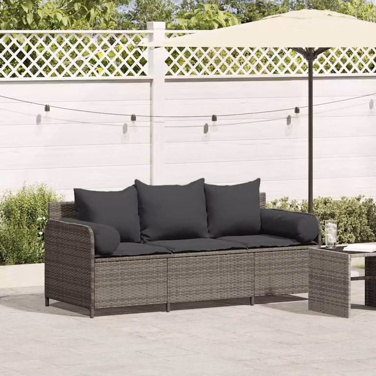 vidaXL Divano da Giardino a 3 Posti in Polyrattan Grigio con Cuscini Imbottiti e Coperture Rimovibili