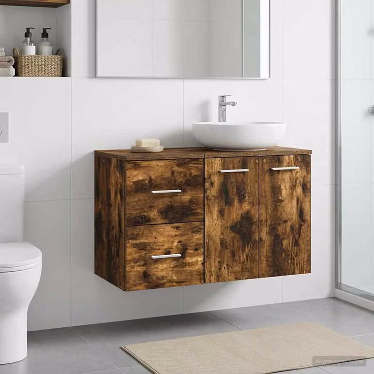 Armadio da bagno moderno vidaXL In-between in rovere fumo marrone con ante a battente e cassetti, L: 30 cm, P: 41 cm, H: 50 cm