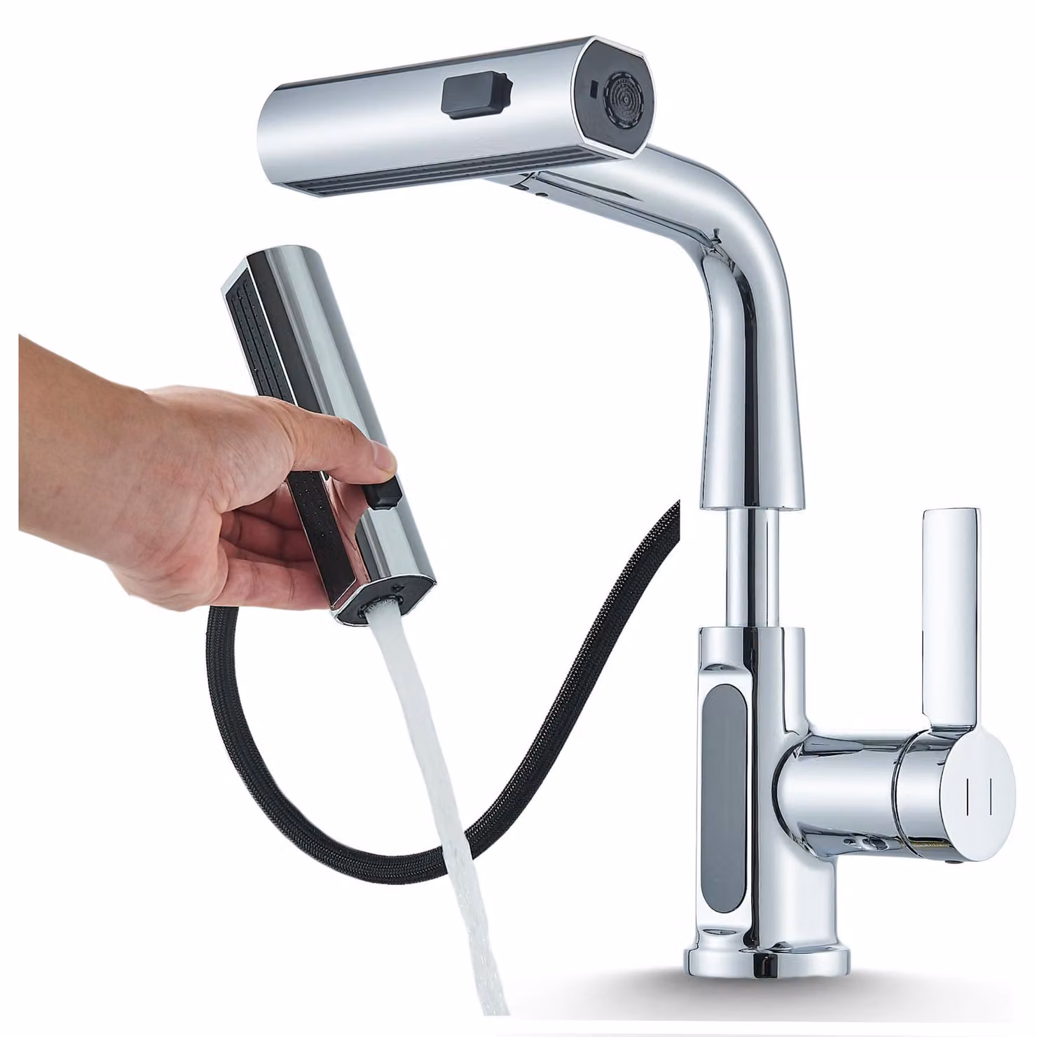 Miscelatore per lavabo Ari Atomic, cromato, con doccetta estraibile, indicatore di temperatura, 3 getti, rotazione a 360° e altezza regolabile