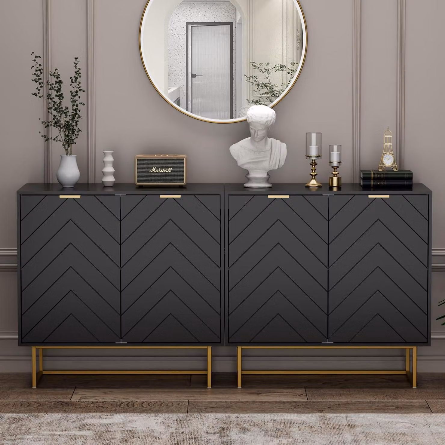 Mobile contenitore a 2 ante, dimensioni 160x40x77,5 cm, colore nero. Composto da una credenza con 4 ante e ripiani regolabili