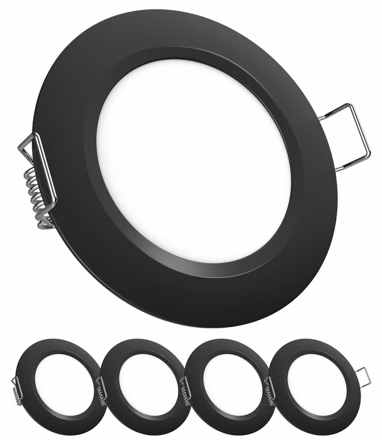 4 faretti LED da incasso, piatti, 12V, 3000K, luce bianco caldo, alluminio, colore nero