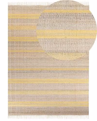 Tappeto in iuta beige e giallo con motivo a righe e nappe 160 x 230 cm