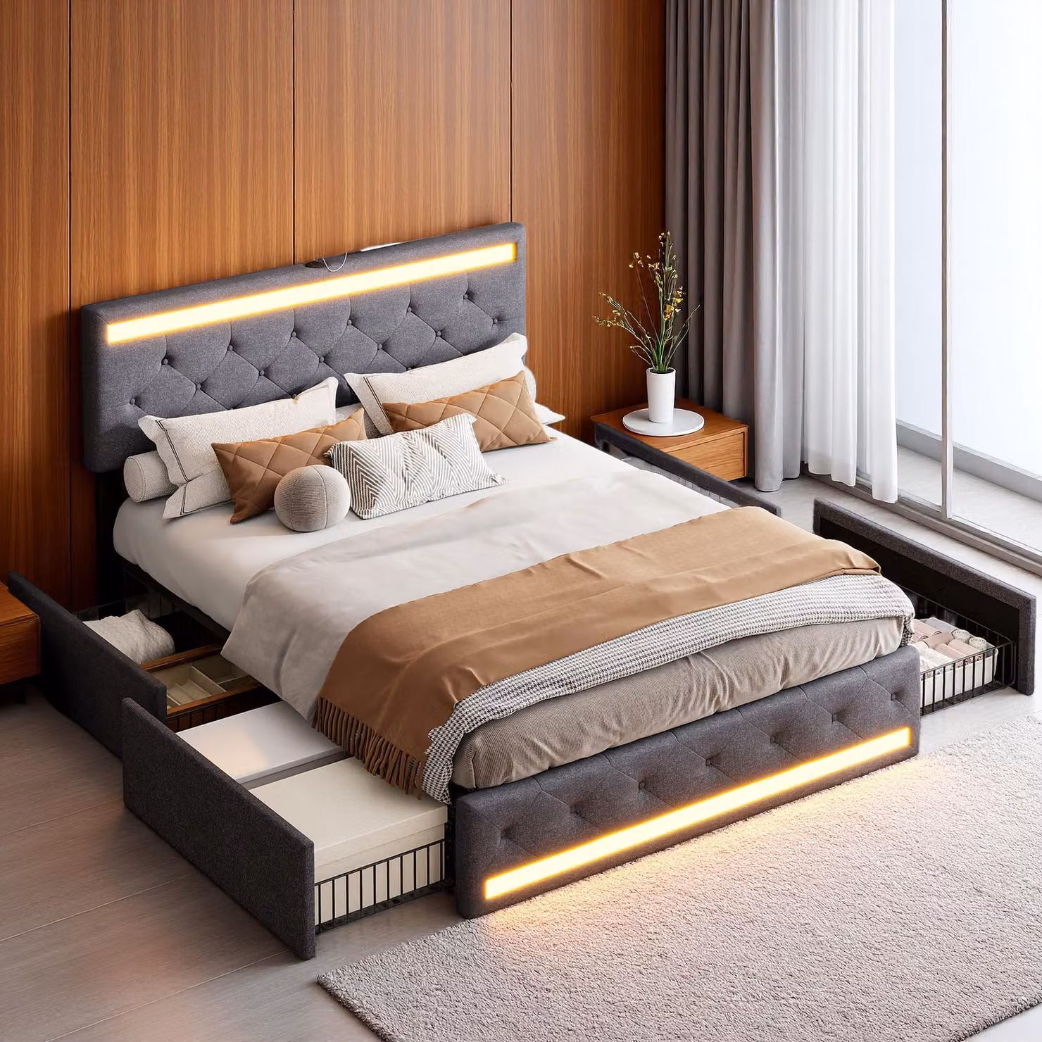 Letto imbottito INONEFT, 180x200 cm, moderno letto con box contenitore, dotato di LED e USB, letto matrimoniale con 4 cassetti contenitori, senza materasso, rivestito in lino color grigio scuro