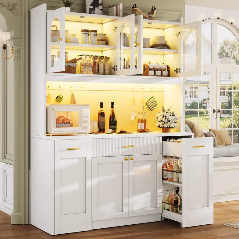 Mobile alta cucina da 120 cm, colore bianco, con illuminazione RGB a LED, controllo tramite app, 3 vetrine in vetro, cassetti e ripiani scorrevoli, realizzata in MDF, dimensioni 120x40x187 cm