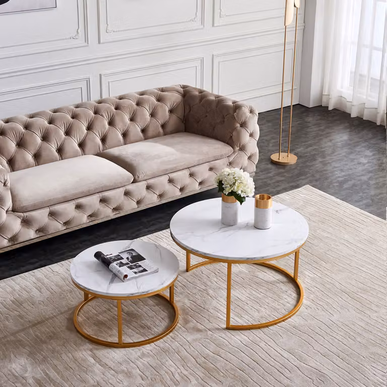 Tavolino da caffè ProximaX, tavolo da soggiorno, stile moderno 2 pezzi con motivo in marmo, 80x45cm+60x33cm, marmo bianco-oro