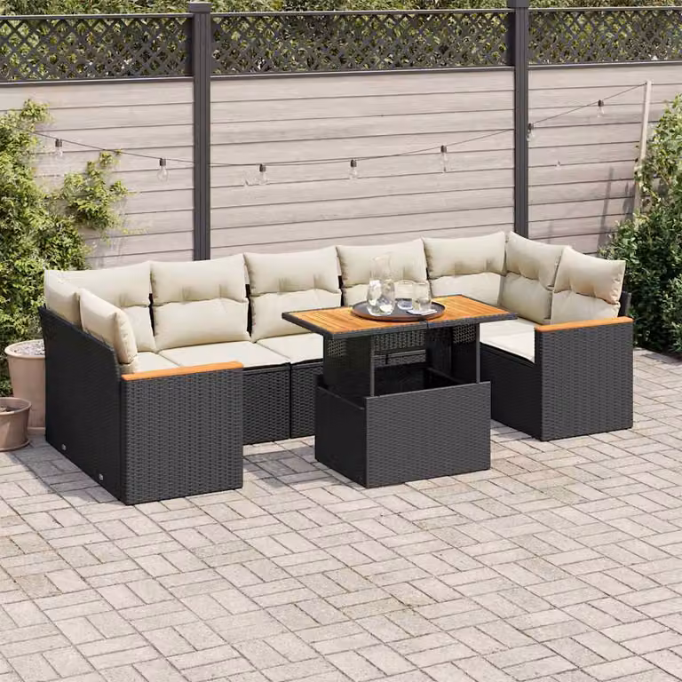 Set Divani da Giardino vidaXL a L con Polyrattan e Legno di Acacia, 8 Pezzi con Cuscini Bianchi e Nero