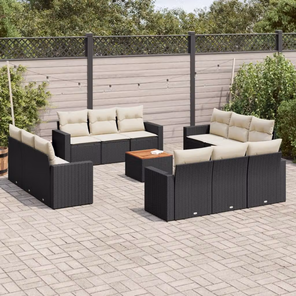 Set di divani da giardino vidaXL a forma di U in polyrattan nero con cuscini e tavolino da esterno – 1