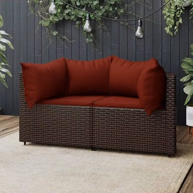 Set di divani angolari da giardino vidaXL con cuscini in polyrattan marrone e rosso con struttura in metallo e forma a L con orientamento a sinistra