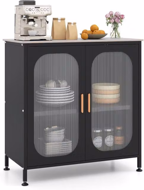 Credenza buffet mobile contenitore con 2 ante semitrasparenti e ripiano regolabile, Nero, L: 83 cm, P: 42 cm, H: 85,5 cm – 1