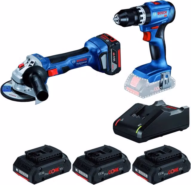 Kit Bosch con Mini smerigliatrice GWS 18V-7, Trapano GSB 18V-45 e Set di ricarica, Blu