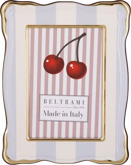 Portafoto Summer Beltrami in legno celeste con bordo dorato e decorazione a righe, da tavolo, 13x18 cm