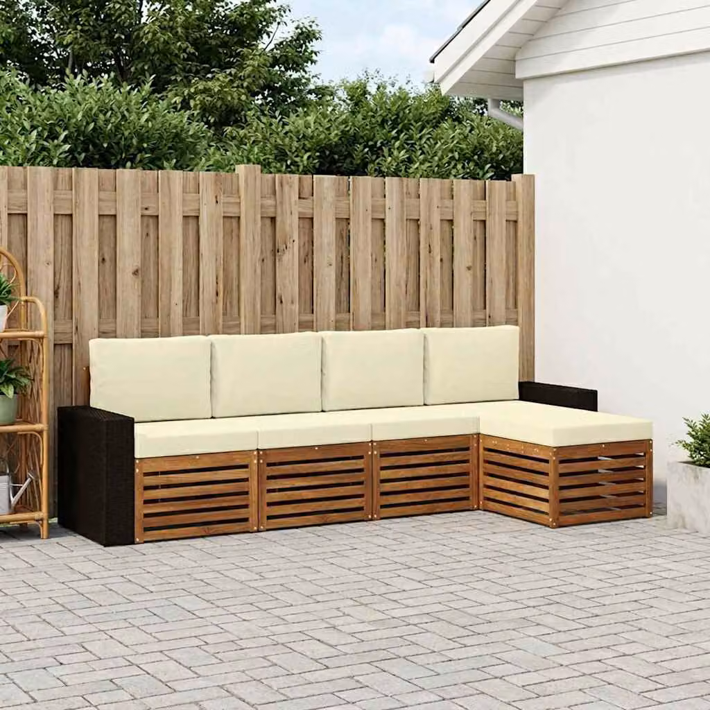 Set di divani da esterno vidaXL a forma di L composto da 5 pezzi in legno di acacia con cuscini, colore beige e marrone