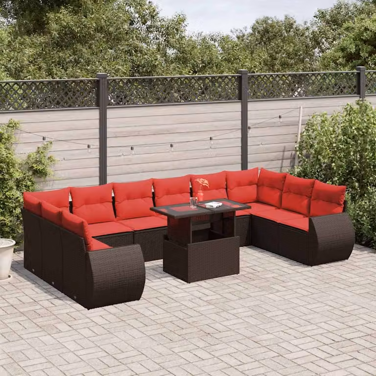 Set Divani da Giardino vidaXL 11 pz con Cuscini Marrone e Tavolino in Polyrattan e Metallo